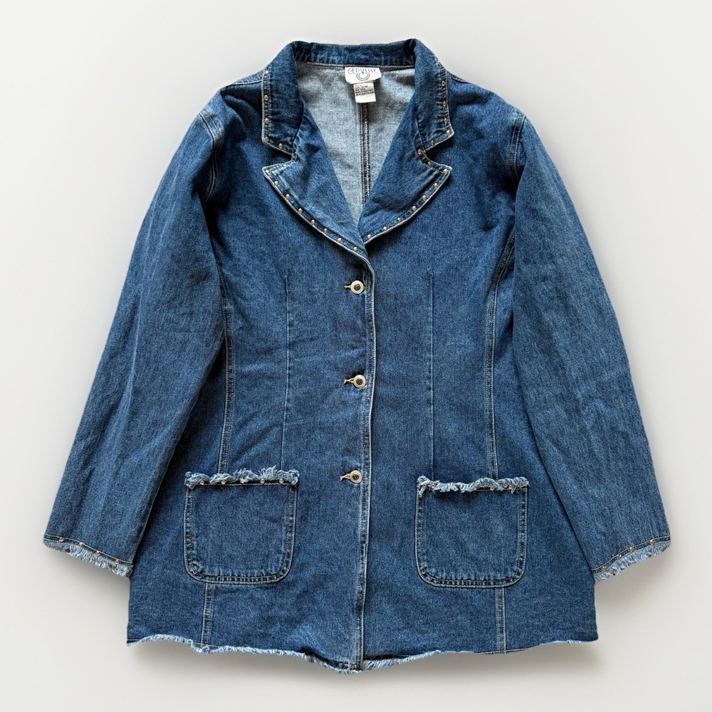 Cervelle VTG 90s Studded Denim Jacket Womens Size L Blue Raw Frayed Trim Western